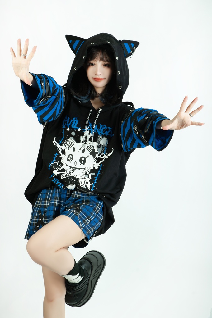 Jillpunk 可愛いパンク ねこ系 ハデスキャット ボーダー柄 クロス鎖チェーン付き 袖取り外し チャック ゆったり 半袖 猫耳パーカー オリジナル メンズ レディーズ おしゃれ男女兼用 原宿 秋葉系 ファッション カッコいい