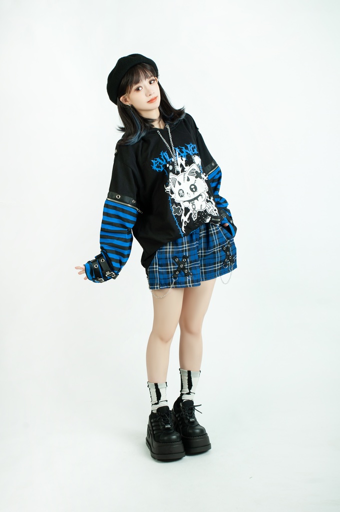 Jillpunk 可愛いパンク ねこ系 ハデスキャット ボーダー柄 クロス鎖チェーン付き 袖取り外し チャック ゆったり 半袖 猫耳パーカー オリジナル メンズ レディーズ おしゃれ男女兼用 原宿 秋葉系 ファッション カッコいい