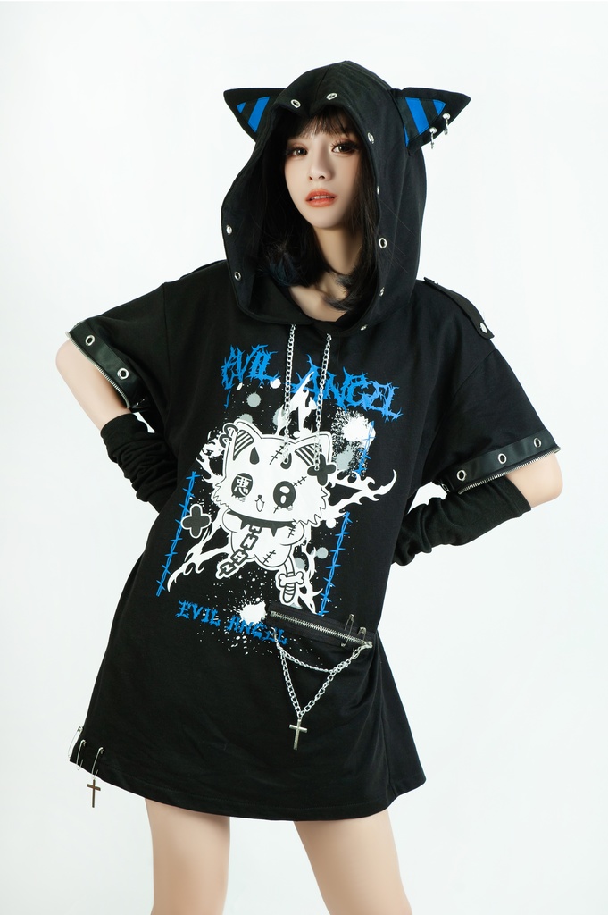 Jillpunk 可愛いパンク ねこ系 ハデスキャット ボーダー柄 クロス鎖チェーン付き 袖取り外し チャック ゆったり 半袖 猫耳パーカー オリジナル メンズ レディーズ おしゃれ男女兼用 原宿 秋葉系 ファッション カッコいい