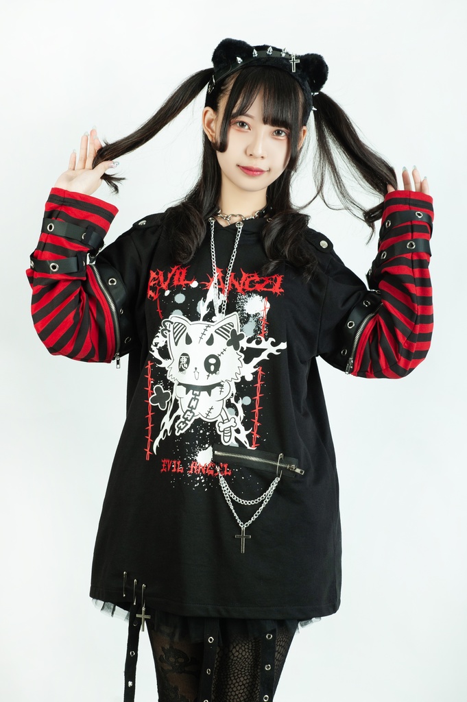 Jillpunk 可愛いパンク ねこ系 ハデスキャット ボーダー柄 クロス鎖チェーン付き 袖取り外し チャック ゆったり 半袖 猫耳パーカー オリジナル メンズ レディーズ おしゃれ男女兼用 原宿 秋葉系 ファッション カッコいい