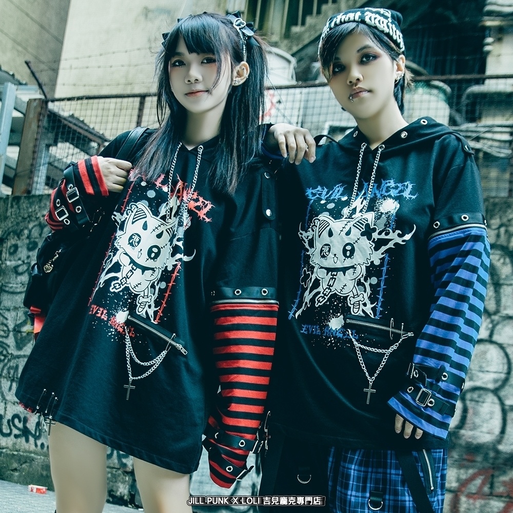 Jillpunk 可愛いパンク ねこ系 ハデスキャット ボーダー柄 クロス鎖チェーン付き 袖取り外し チャック ゆったり 半袖 猫耳パーカー オリジナル メンズ レディーズ おしゃれ男女兼用 原宿 秋葉系 ファッション カッコいい