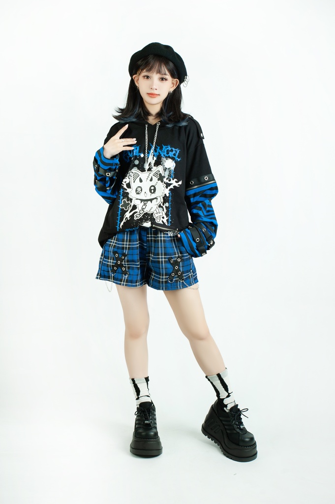 Jillpunk 可愛いパンク ねこ系 ハデスキャット ボーダー柄 クロス鎖チェーン付き 袖取り外し チャック ゆったり 半袖 猫耳パーカー オリジナル メンズ レディーズ おしゃれ男女兼用 原宿 秋葉系 ファッション カッコいい