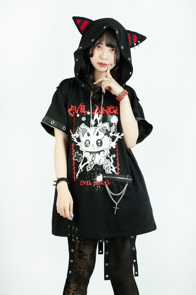 Jillpunk 可愛いパンク ねこ系 ハデスキャット ボーダー柄 クロス鎖チェーン付き 袖取り外し チャック ゆったり 半袖 猫耳パーカー オリジナル メンズ レディーズ おしゃれ男女兼用 原宿 秋葉系 ファッション カッコいい