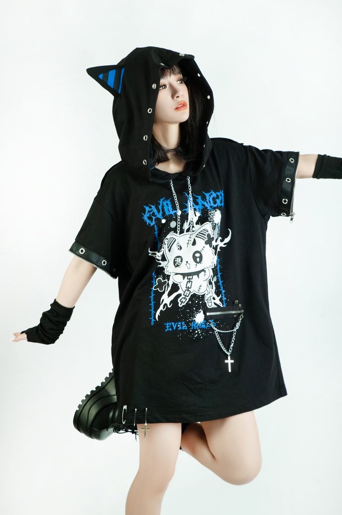 Jillpunk 可愛いパンク ねこ系 ハデスキャット ボーダー柄 クロス鎖チェーン付き 袖取り外し チャック ゆったり 半袖 猫耳パーカー オリジナル メンズ レディーズ おしゃれ男女兼用 原宿 秋葉系 ファッション カッコいい