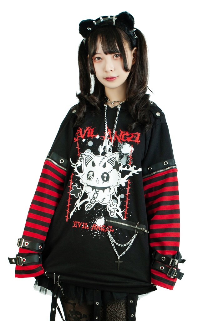 Jillpunk 可愛いパンク ねこ系 ハデスキャット ボーダー柄 クロス鎖チェーン付き 袖取り外し チャック ゆったり 半袖 猫耳パーカー オリジナル メンズ レディーズ おしゃれ男女兼用 原宿 秋葉系 ファッション カッコいい