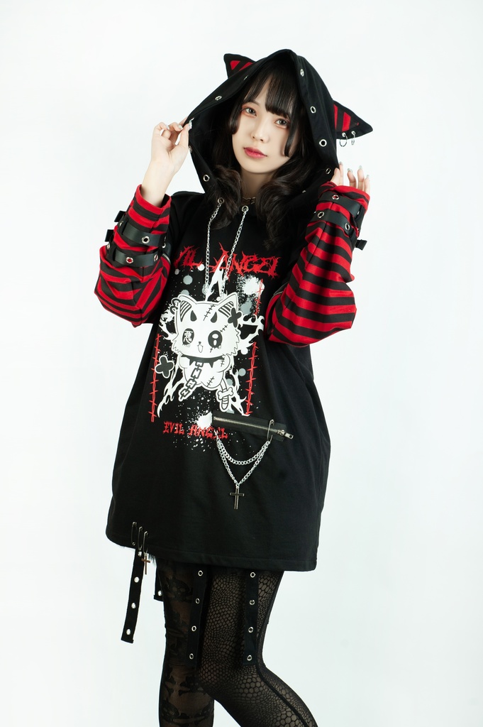 Jillpunk 可愛いパンク ねこ系 ハデスキャット ボーダー柄 クロス鎖チェーン付き 袖取り外し チャック ゆったり 半袖 猫耳パーカー オリジナル メンズ レディーズ おしゃれ男女兼用 原宿 秋葉系 ファッション カッコいい