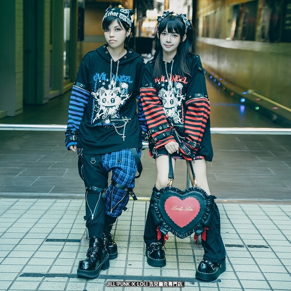 Jillpunk 可愛いパンク ねこ系 ハデスキャット ボーダー柄 クロス鎖チェーン付き 袖取り外し チャック ゆったり 半袖 猫耳パーカー オリジナル メンズ レディーズ おしゃれ男女兼用 原宿 秋葉系 ファッション カッコいい