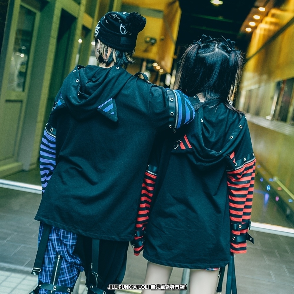 Jillpunk 可愛いパンク ねこ系 ハデスキャット ボーダー柄 クロス鎖チェーン付き 袖取り外し チャック ゆったり 半袖 猫耳パーカー オリジナル メンズ レディーズ おしゃれ男女兼用 原宿 秋葉系 ファッション カッコいい