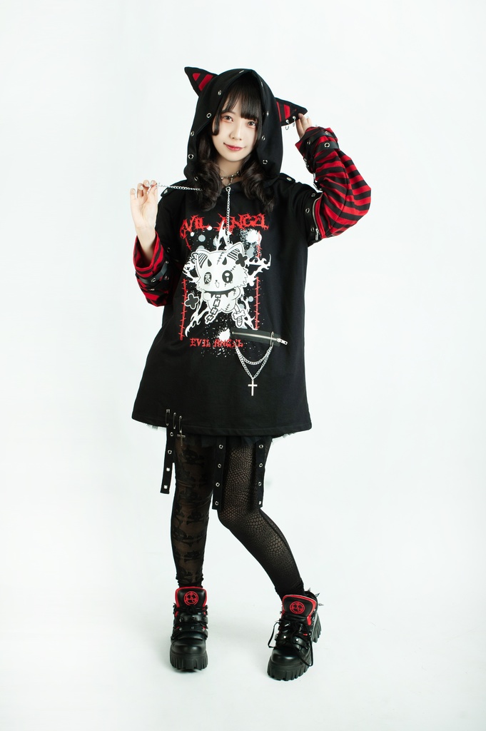 Jillpunk 可愛いパンク ねこ系 ハデスキャット ボーダー柄 クロス鎖チェーン付き 袖取り外し チャック ゆったり 半袖 猫耳パーカー オリジナル メンズ レディーズ おしゃれ男女兼用 原宿 秋葉系 ファッション カッコいい