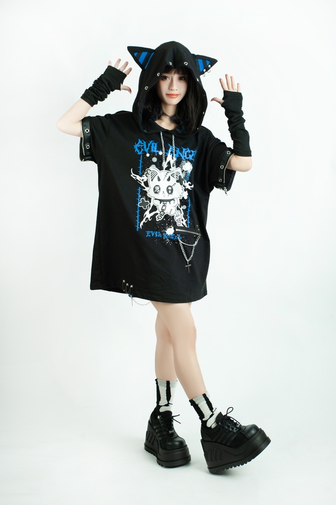 Jillpunk 可愛いパンク ねこ系 ハデスキャット ボーダー柄 クロス鎖チェーン付き 袖取り外し チャック ゆったり 半袖 猫耳パーカー オリジナル メンズ レディーズ おしゃれ男女兼用 原宿 秋葉系 ファッション カッコいい