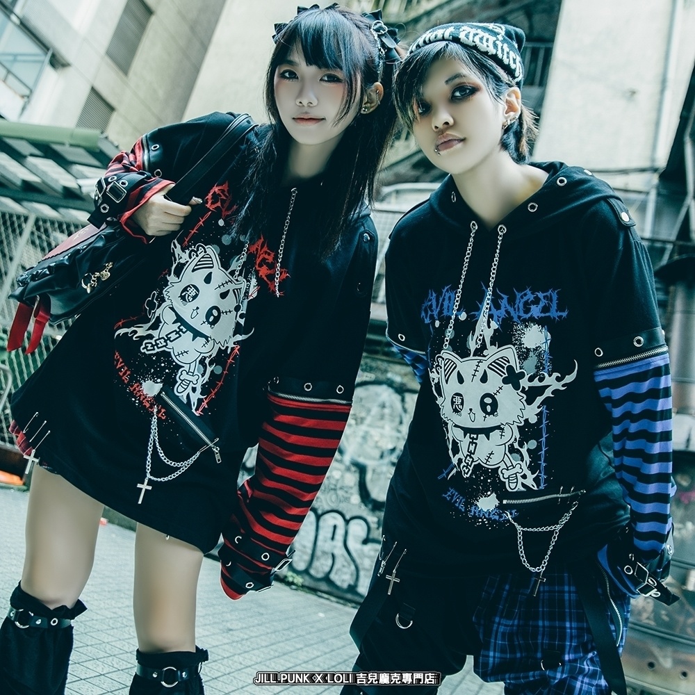 Jillpunk 可愛いパンク ねこ系 ハデスキャット ボーダー柄 クロス鎖チェーン付き 袖取り外し チャック ゆったり 半袖 猫耳パーカー オリジナル メンズ レディーズ おしゃれ男女兼用 原宿 秋葉系 ファッション カッコいい
