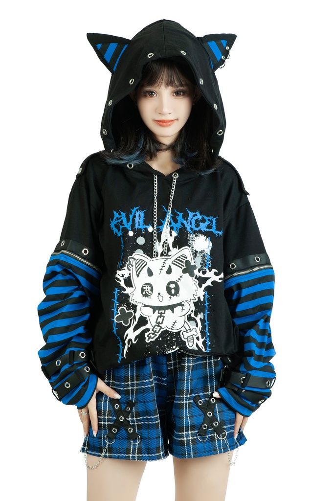 Jillpunk 可愛いパンク ねこ系 ハデスキャット ボーダー柄 クロス鎖チェーン付き 袖取り外し チャック ゆったり 半袖 猫耳パーカー オリジナル メンズ レディーズ おしゃれ男女兼用 原宿 秋葉系 ファッション カッコいい