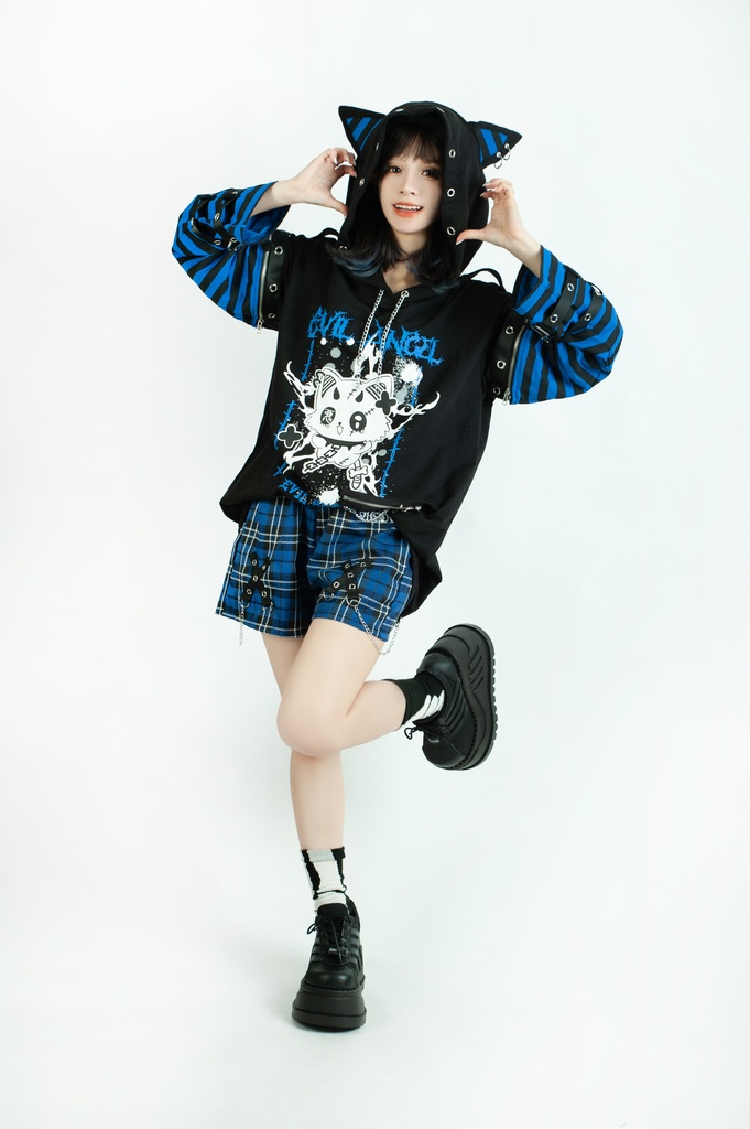 Jillpunk 可愛いパンク ねこ系 ハデスキャット ボーダー柄 クロス鎖チェーン付き 袖取り外し チャック ゆったり 半袖 猫耳パーカー オリジナル メンズ レディーズ おしゃれ男女兼用 原宿 秋葉系 ファッション カッコいい