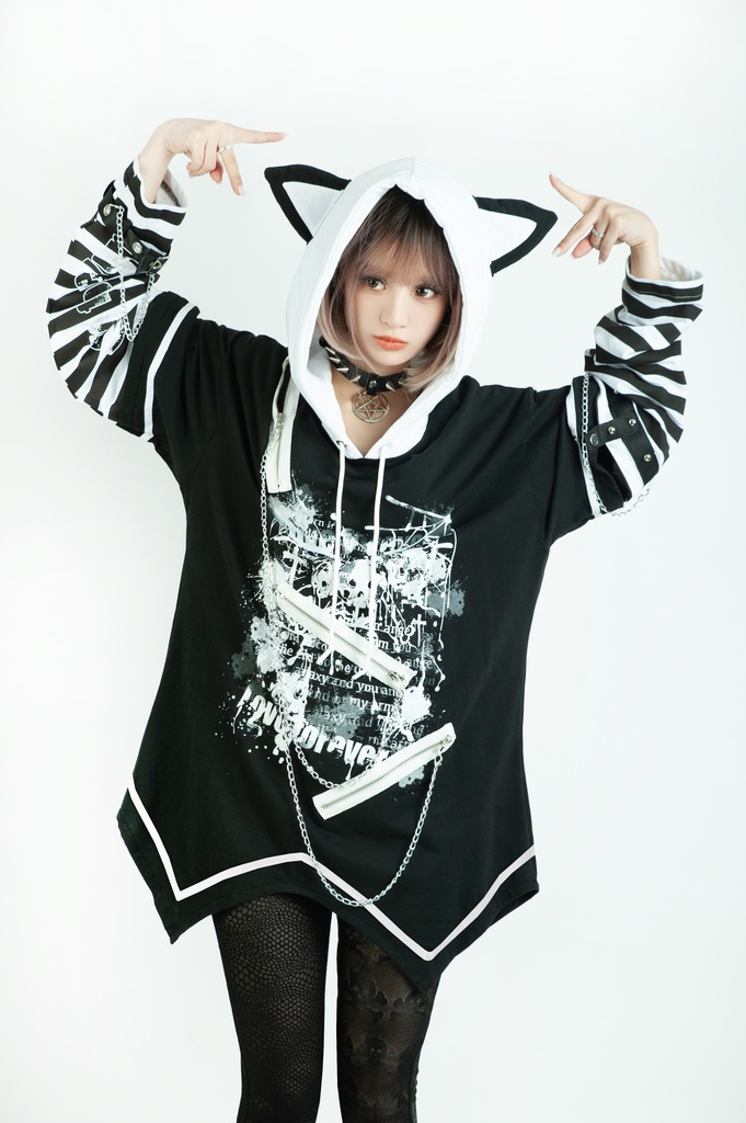 Jillpunk パンクロック V系 バンギャ エラーコマンド ボーダー柄 クロス鎖チェーン付き チャック ゆったり アームカバー 半袖 猫耳パーカー オリジナル メンズ レディーズ おしゃれ男女兼用 原宿 秋葉系 ファッション カッコいい