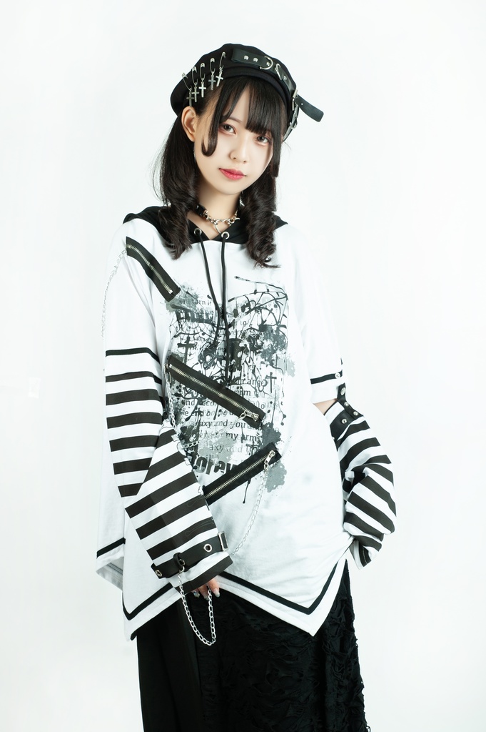 Jillpunk パンクロック V系 バンギャ エラーコマンド ボーダー柄 クロス鎖チェーン付き チャック ゆったり アームカバー 半袖 猫耳パーカー オリジナル メンズ レディーズ おしゃれ男女兼用 原宿 秋葉系 ファッション カッコいい