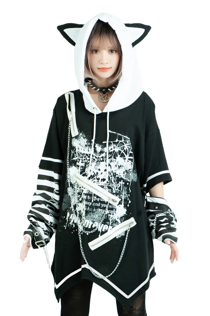 Jillpunk パンクロック V系 バンギャ エラーコマンド ボーダー柄 クロス鎖チェーン付き チャック ゆったり アームカバー 半袖 猫耳パーカー オリジナル メンズ レディーズ おしゃれ男女兼用 原宿 秋葉系 ファッション カッコいい