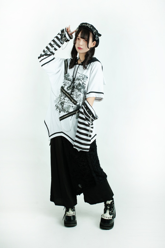 Jillpunk パンクロック V系 バンギャ エラーコマンド ボーダー柄 クロス鎖チェーン付き チャック ゆったり アームカバー 半袖 猫耳パーカー オリジナル メンズ レディーズ おしゃれ男女兼用 原宿 秋葉系 ファッション カッコいい