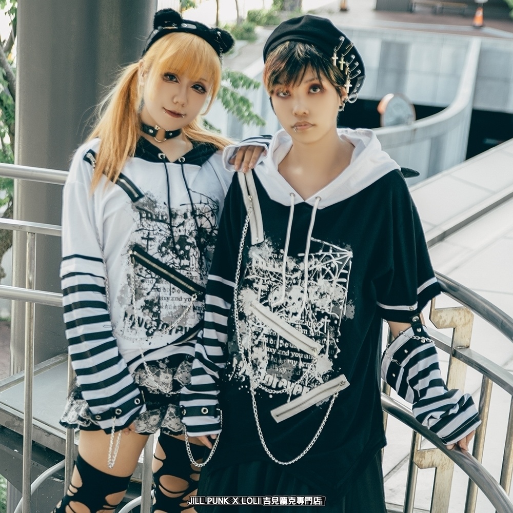 Jillpunk パンクロック V系 バンギャ エラーコマンド ボーダー柄 クロス鎖チェーン付き チャック ゆったり アームカバー 半袖 猫耳パーカー オリジナル メンズ レディーズ おしゃれ男女兼用 原宿 秋葉系 ファッション カッコいい