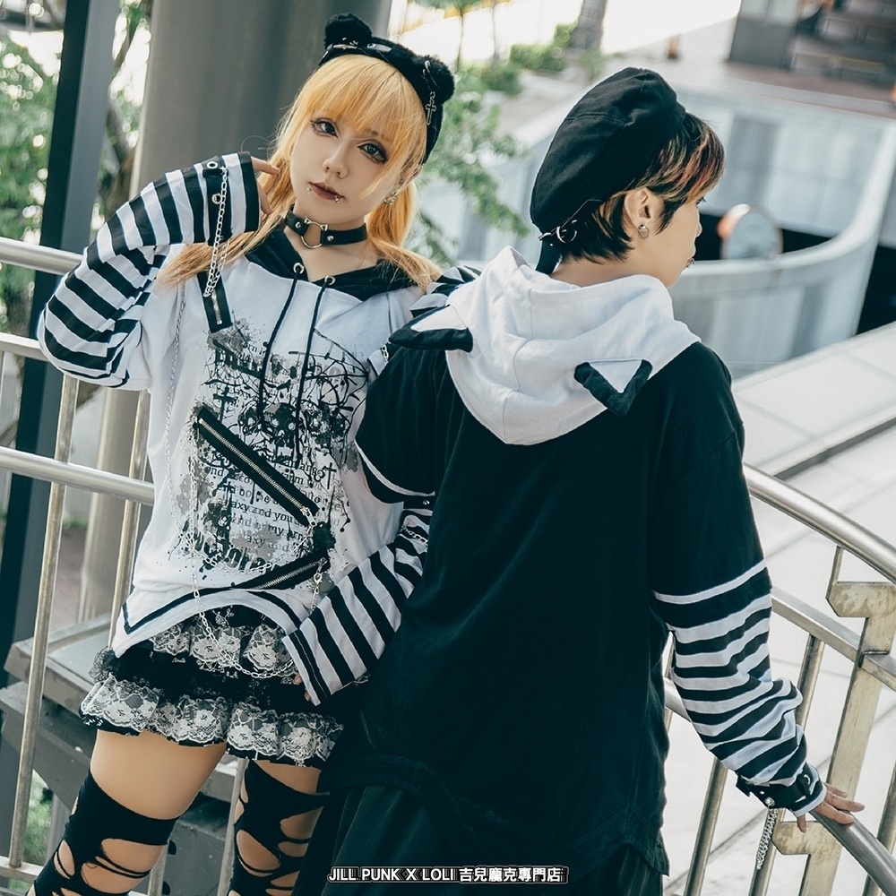 Jillpunk パンクロック V系 バンギャ エラーコマンド ボーダー柄 クロス鎖チェーン付き チャック ゆったり アームカバー 半袖 猫耳パーカー オリジナル メンズ レディーズ おしゃれ男女兼用 原宿 秋葉系 ファッション カッコいい