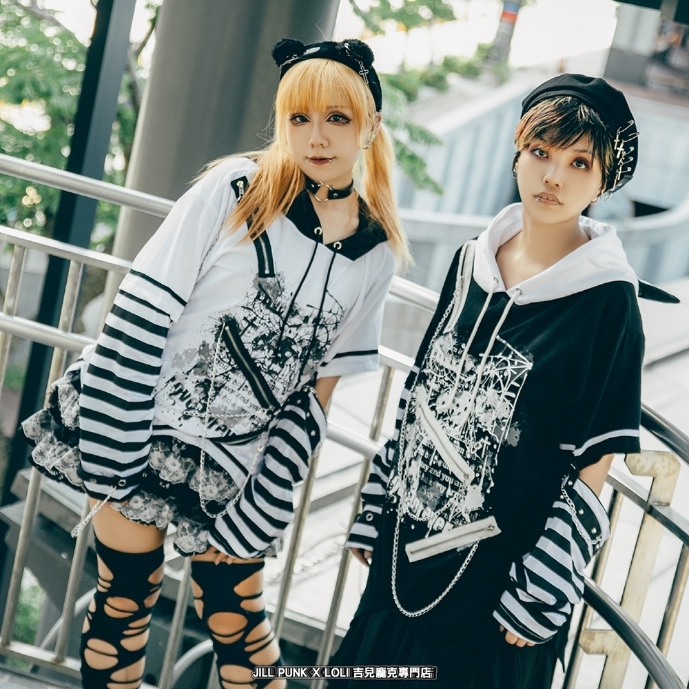 Jillpunk パンクロック V系 バンギャ エラーコマンド ボーダー柄 クロス鎖チェーン付き チャック ゆったり アームカバー 半袖 猫耳パーカー オリジナル メンズ レディーズ おしゃれ男女兼用 原宿 秋葉系 ファッション カッコいい