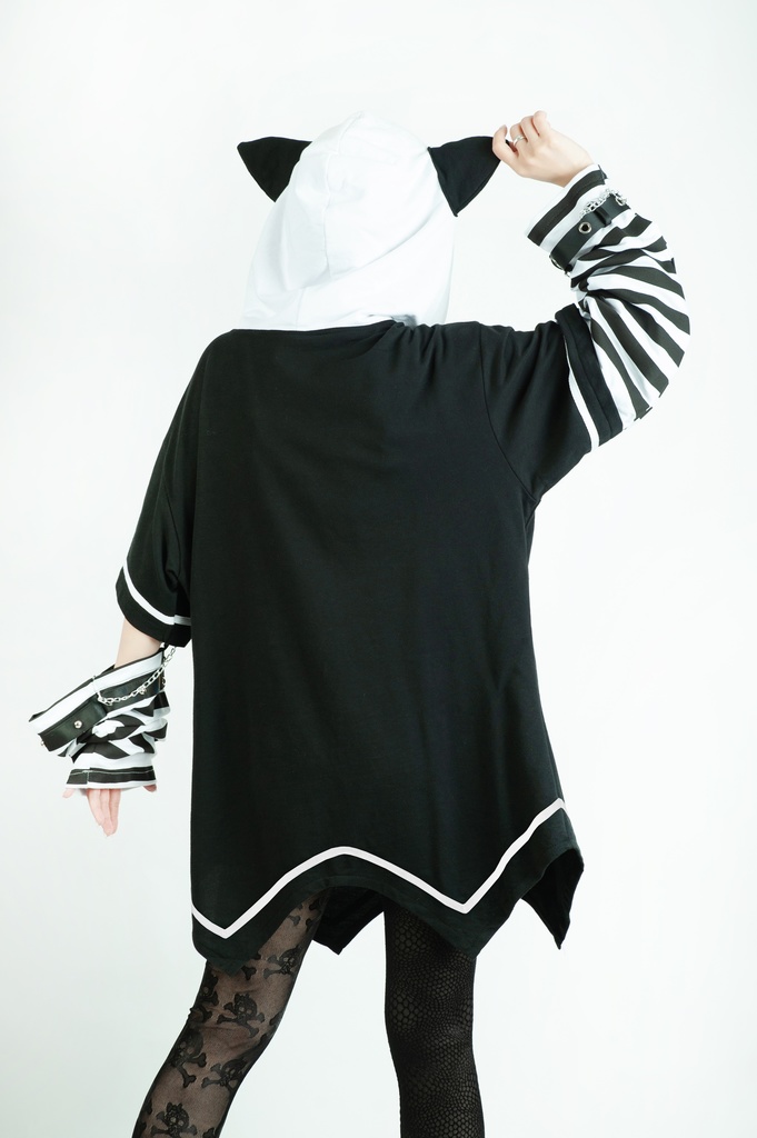 Jillpunk パンクロック V系 バンギャ エラーコマンド ボーダー柄 クロス鎖チェーン付き チャック ゆったり アームカバー 半袖 猫耳パーカー オリジナル メンズ レディーズ おしゃれ男女兼用 原宿 秋葉系 ファッション カッコいい