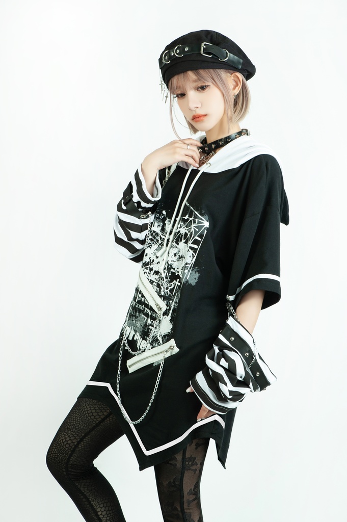 Jillpunk パンクロック V系 バンギャ エラーコマンド ボーダー柄 クロス鎖チェーン付き チャック ゆったり アームカバー 半袖 猫耳パーカー オリジナル メンズ レディーズ おしゃれ男女兼用 原宿 秋葉系 ファッション カッコいい