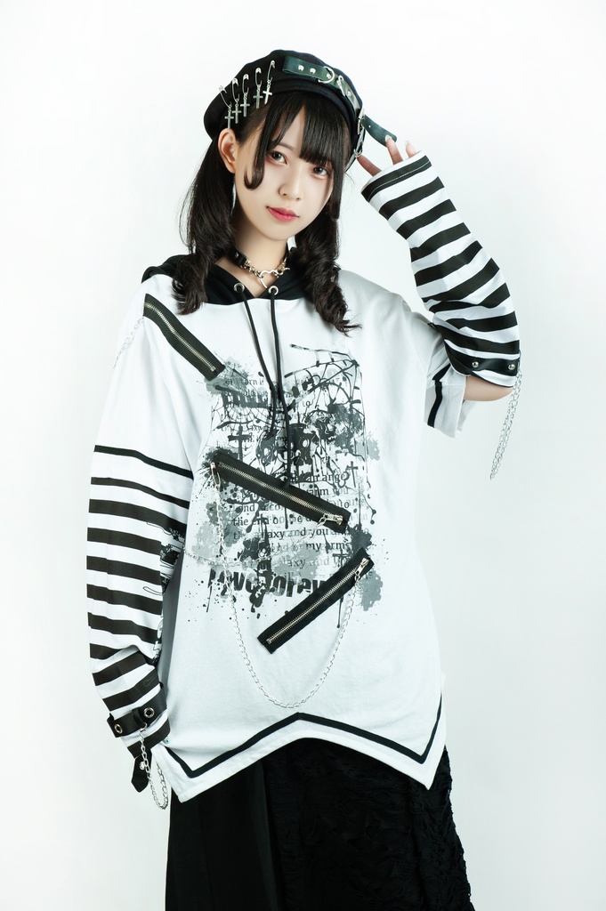 Jillpunk パンクロック V系 バンギャ エラーコマンド ボーダー柄 クロス鎖チェーン付き チャック ゆったり アームカバー 半袖 猫耳パーカー オリジナル メンズ レディーズ おしゃれ男女兼用 原宿 秋葉系 ファッション カッコいい