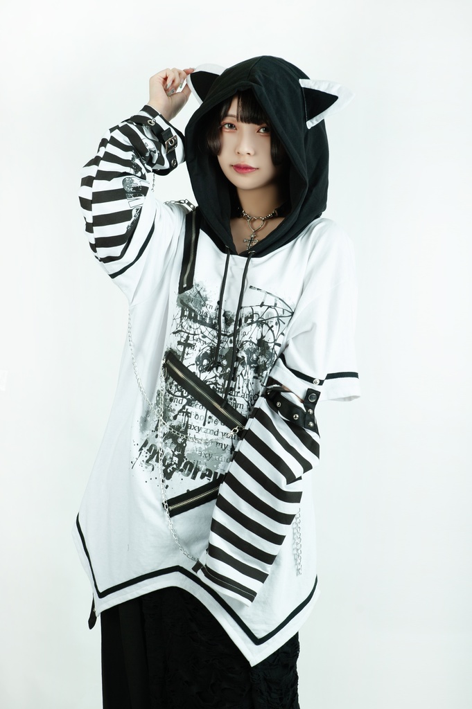 Jillpunk パンクロック V系 バンギャ エラーコマンド ボーダー柄 クロス鎖チェーン付き チャック ゆったり アームカバー 半袖 猫耳パーカー オリジナル メンズ レディーズ おしゃれ男女兼用 原宿 秋葉系 ファッション カッコいい