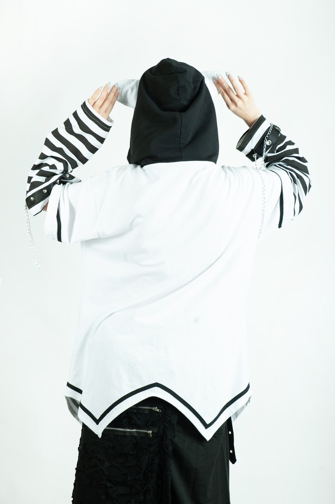 Jillpunk パンクロック V系 バンギャ エラーコマンド ボーダー柄 クロス鎖チェーン付き チャック ゆったり アームカバー 半袖 猫耳パーカー オリジナル メンズ レディーズ おしゃれ男女兼用 原宿 秋葉系 ファッション カッコいい