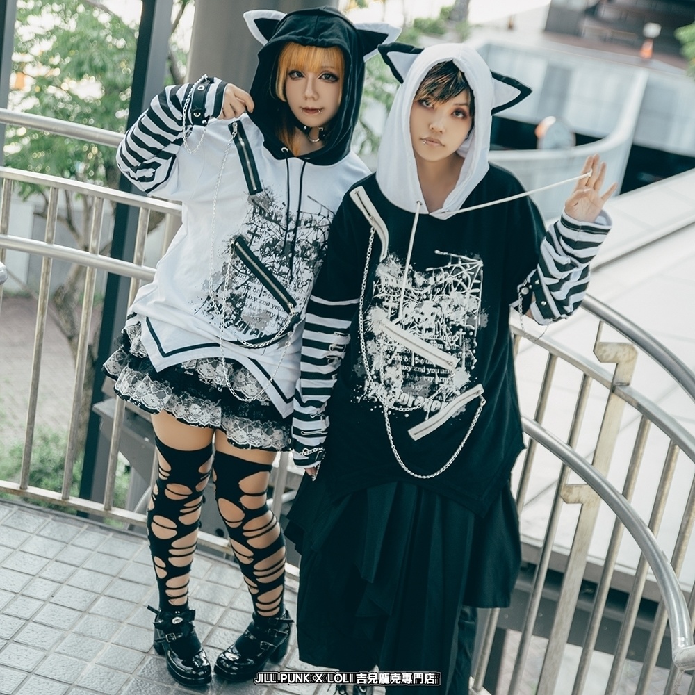 Jillpunk パンクロック V系 バンギャ エラーコマンド ボーダー柄 クロス鎖チェーン付き チャック ゆったり アームカバー 半袖 猫耳パーカー オリジナル メンズ レディーズ おしゃれ男女兼用 原宿 秋葉系 ファッション カッコいい