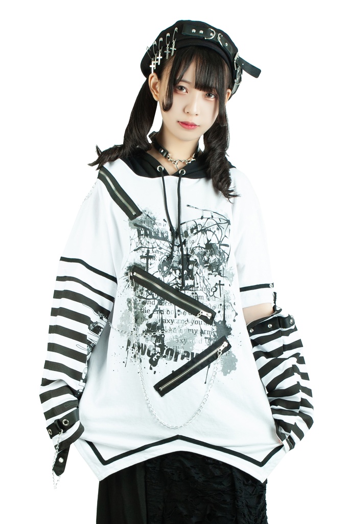 Jillpunk パンクロック V系 バンギャ エラーコマンド ボーダー柄 クロス鎖チェーン付き チャック ゆったり アームカバー 半袖 猫耳パーカー オリジナル メンズ レディーズ おしゃれ男女兼用 原宿 秋葉系 ファッション カッコいい