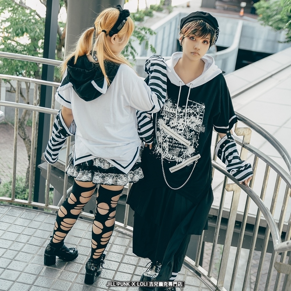 Jillpunk パンクロック V系 バンギャ エラーコマンド ボーダー柄 クロス鎖チェーン付き チャック ゆったり アームカバー 半袖 猫耳パーカー オリジナル メンズ レディーズ おしゃれ男女兼用 原宿 秋葉系 ファッション カッコいい