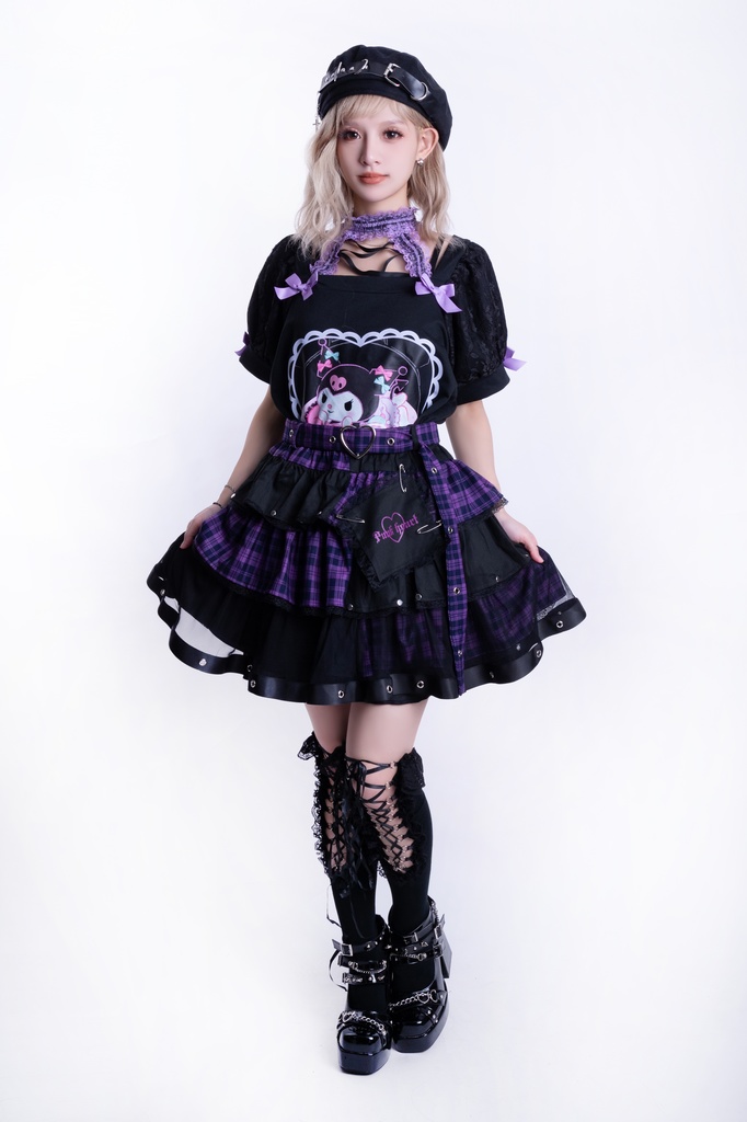 Jillpunk パンクの恋 地雷系 パンクロック バンギャ エモパンク タータンチェック柄 ハートバックルベルト付き ティアード 3層ボリューム ふわふわ ショートスカート オリジナルスタイル レディーズ V系 おしゃれ カッコいい