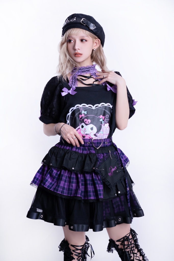 Jillpunk パンクの恋 地雷系 パンクロック バンギャ エモパンク タータンチェック柄 ハートバックルベルト付き ティアード 3層ボリューム ふわふわ ショートスカート オリジナルスタイル レディーズ V系 おしゃれ カッコいい