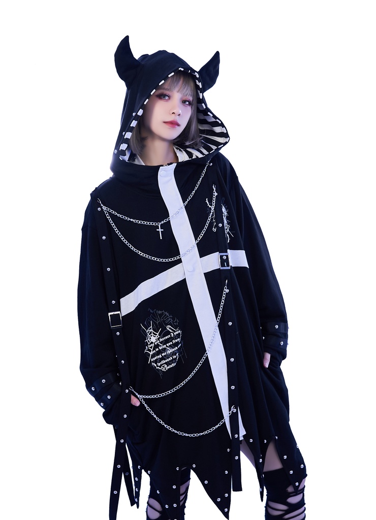 Jillpunkパンクロック ヴィジュアル系 囚われの天使 ゆったり 鎖チェーン 角付き クロス羽根モチーフ アシンメトリー 長袖パーカーコート カットソー オリジナル メンズ レディー V系 おしゃれ V系 男女兼用ファッション