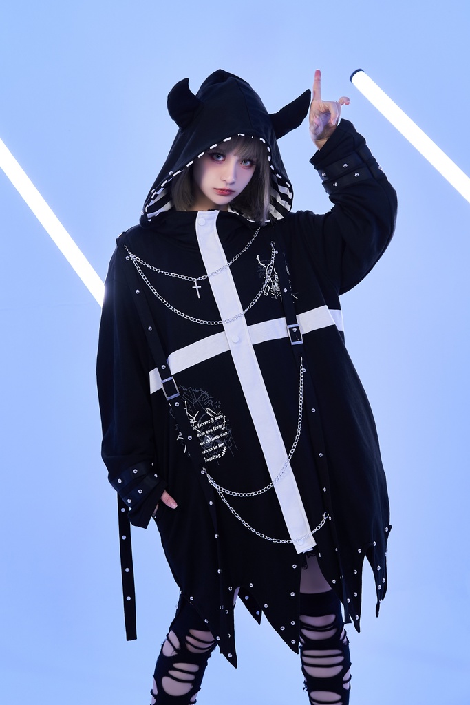 Jillpunkパンクロック ヴィジュアル系 囚われの天使 ゆったり 鎖チェーン 角付き クロス羽根モチーフ アシンメトリー 長袖パーカーコート カットソー オリジナル メンズ レディー V系 おしゃれ V系 男女兼用ファッション