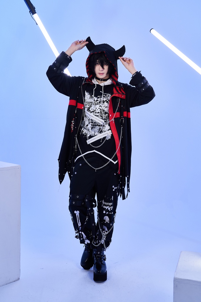 Jillpunkパンクロック ヴィジュアル系 囚われの天使 ゆったり 鎖チェーン 角付き クロス羽根モチーフ アシンメトリー 長袖パーカーコート カットソー オリジナル メンズ レディー V系 おしゃれ V系 男女兼用ファッション