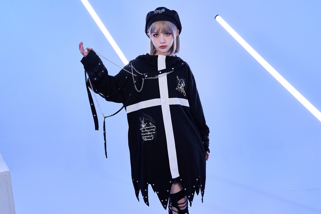 Jillpunkパンクロック ヴィジュアル系 囚われの天使 ゆったり 鎖チェーン 角付き クロス羽根モチーフ アシンメトリー 長袖パーカーコート カットソー オリジナル メンズ レディー V系 おしゃれ V系 男女兼用ファッション