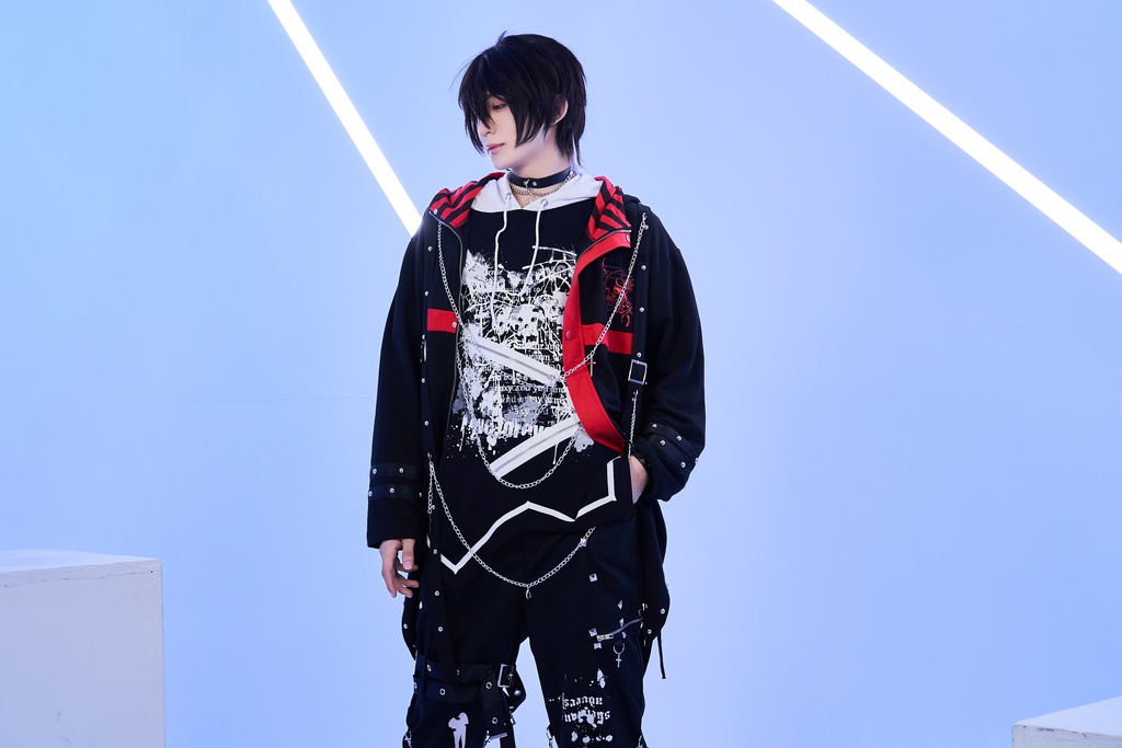 Jillpunkパンクロック ヴィジュアル系 囚われの天使 ゆったり 鎖チェーン 角付き クロス羽根モチーフ アシンメトリー 長袖パーカーコート カットソー オリジナル メンズ レディー V系 おしゃれ V系 男女兼用ファッション