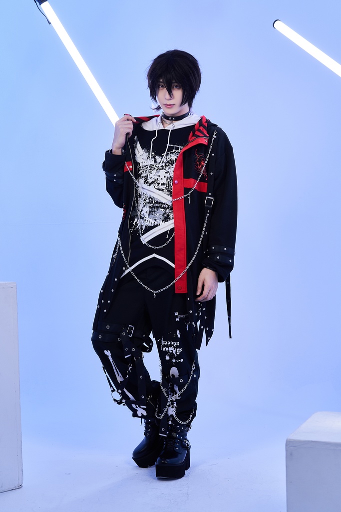 Jillpunkパンクロック ヴィジュアル系 囚われの天使 ゆったり 鎖チェーン 角付き クロス羽根モチーフ アシンメトリー 長袖パーカーコート カットソー オリジナル メンズ レディー V系 おしゃれ V系 男女兼用ファッション