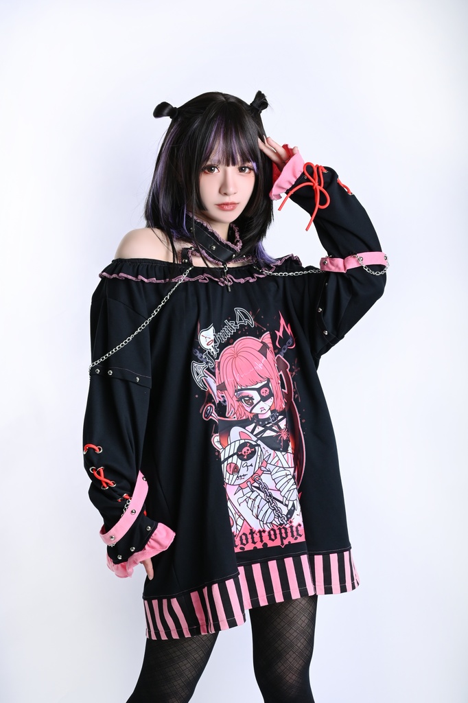 Jillpunk アニメニ次コン 有機少女 メンヘラ風 病みカワ ボートネック ゆったり チョーカー付き フリルカラー カットソー レースアップ袖 ロング丈Tシャツワンピース オリジナル ヤンデレ 可愛い おしゃれ男女兼用 ファッション 秋葉系 萌え