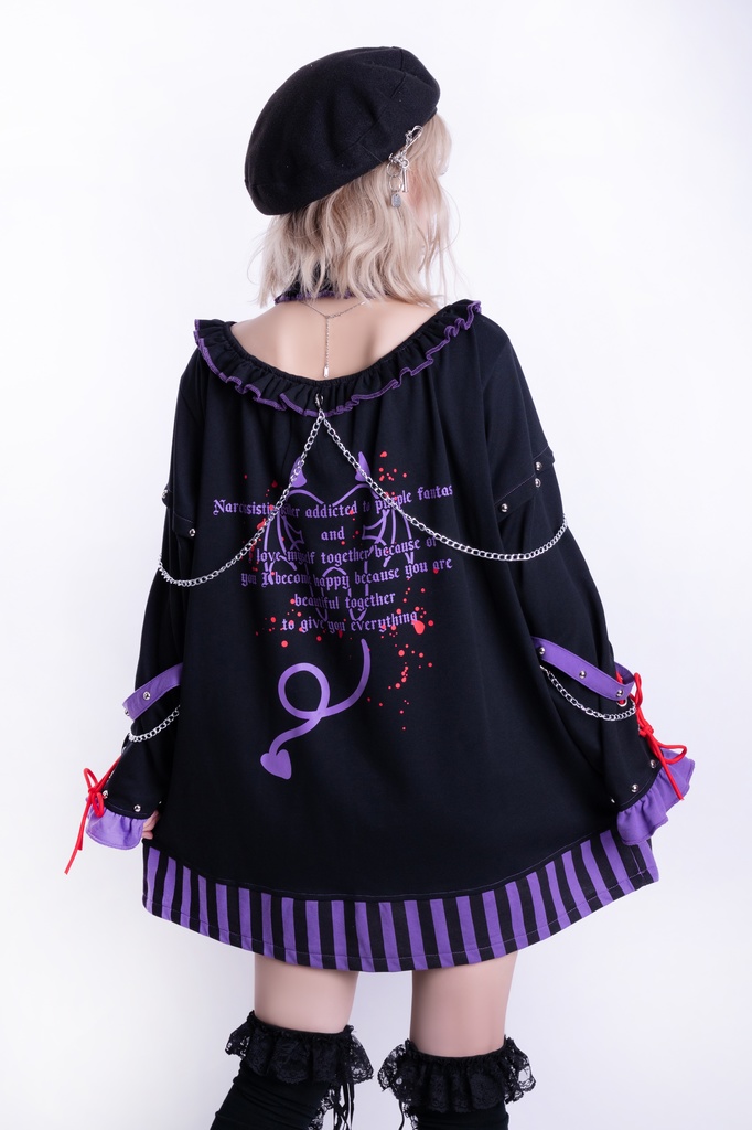 Jillpunk アニメニ次コン 有機少女 メンヘラ風 病みカワ ボートネック ゆったり チョーカー付き フリルカラー カットソー レースアップ袖 ロング丈Tシャツワンピース オリジナル ヤンデレ 可愛い おしゃれ男女兼用 ファッション 秋葉系 萌え