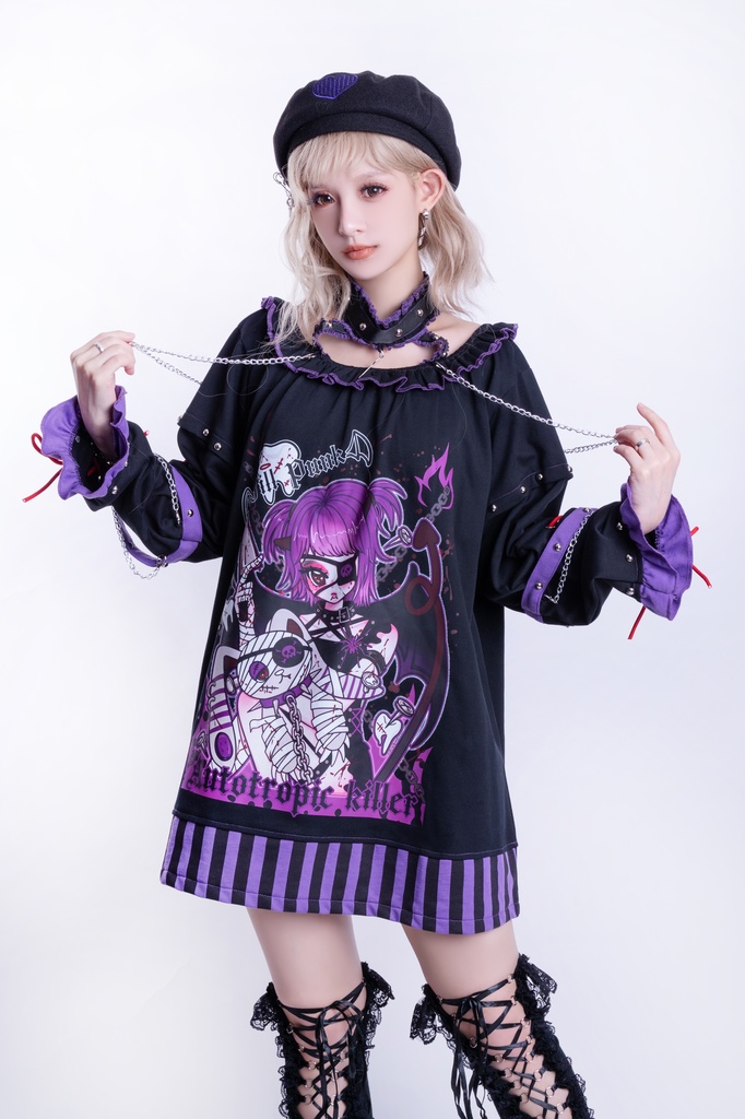 Jillpunk アニメニ次コン 有機少女 メンヘラ風 病みカワ ボートネック ゆったり チョーカー付き フリルカラー カットソー レースアップ袖 ロング丈Tシャツワンピース オリジナル ヤンデレ 可愛い おしゃれ男女兼用 ファッション 秋葉系 萌え