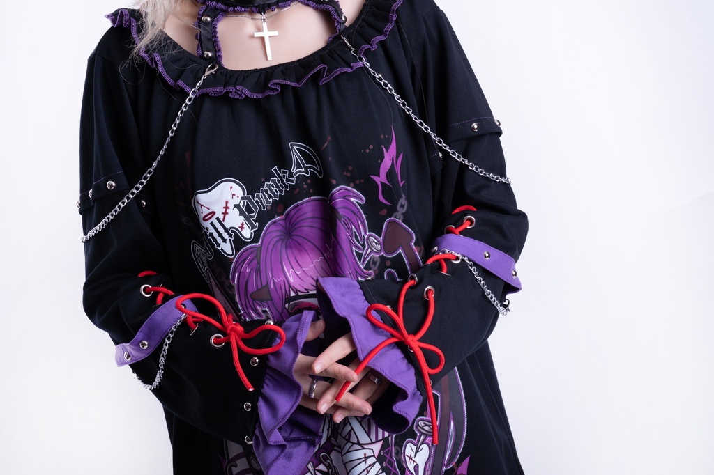 Jillpunk アニメニ次コン 有機少女 メンヘラ風 病みカワ ボートネック ゆったり チョーカー付き フリルカラー カットソー レースアップ袖 ロング丈Tシャツワンピース オリジナル ヤンデレ 可愛い おしゃれ男女兼用 ファッション 秋葉系 萌え