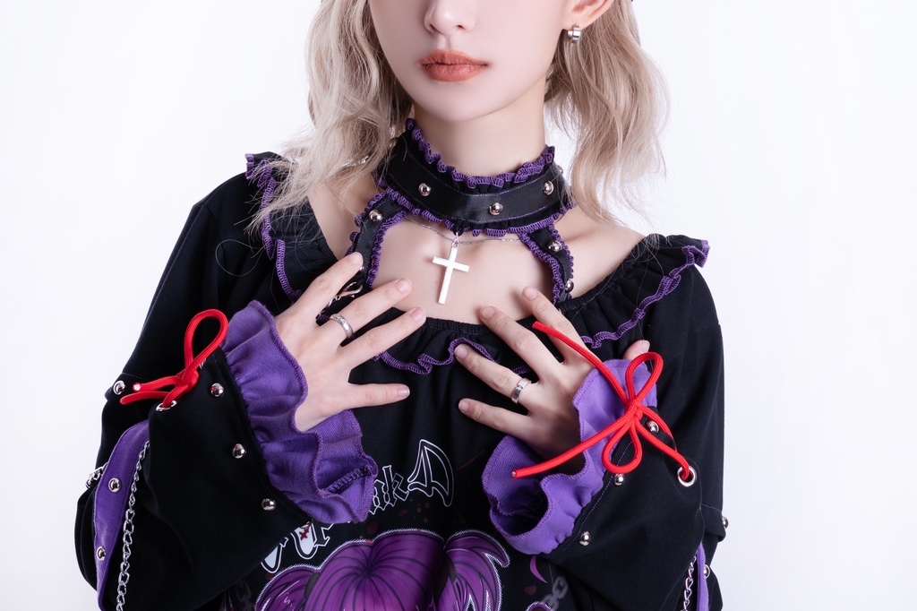 Jillpunk アニメニ次コン 有機少女 メンヘラ風 病みカワ ボートネック ゆったり チョーカー付き フリルカラー カットソー レースアップ袖 ロング丈Tシャツワンピース オリジナル ヤンデレ 可愛い おしゃれ男女兼用 ファッション 秋葉系 萌え