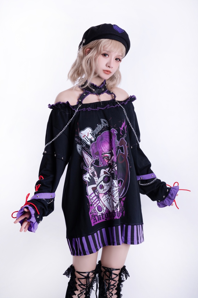 Jillpunk アニメニ次コン 有機少女 メンヘラ風 病みカワ ボートネック ゆったり チョーカー付き フリルカラー カットソー レースアップ袖 ロング丈Tシャツワンピース オリジナル ヤンデレ 可愛い おしゃれ男女兼用 ファッション 秋葉系 萌え