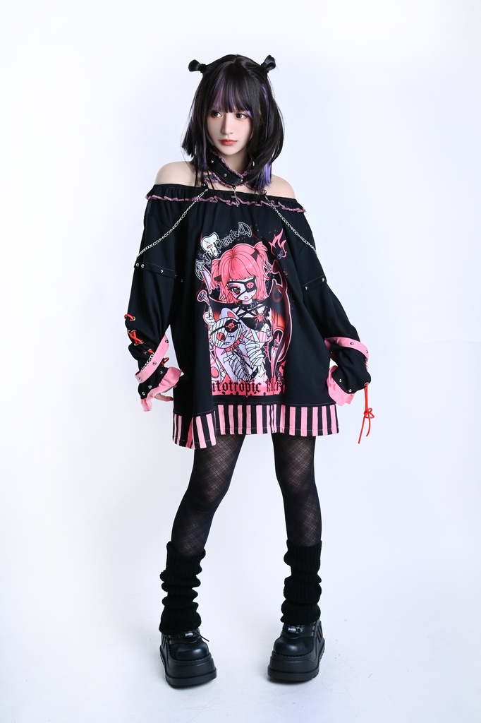 Jillpunk アニメニ次コン 有機少女 メンヘラ風 病みカワ ボートネック ゆったり チョーカー付き フリルカラー カットソー レースアップ袖 ロング丈Tシャツワンピース オリジナル ヤンデレ 可愛い おしゃれ男女兼用 ファッション 秋葉系 萌え