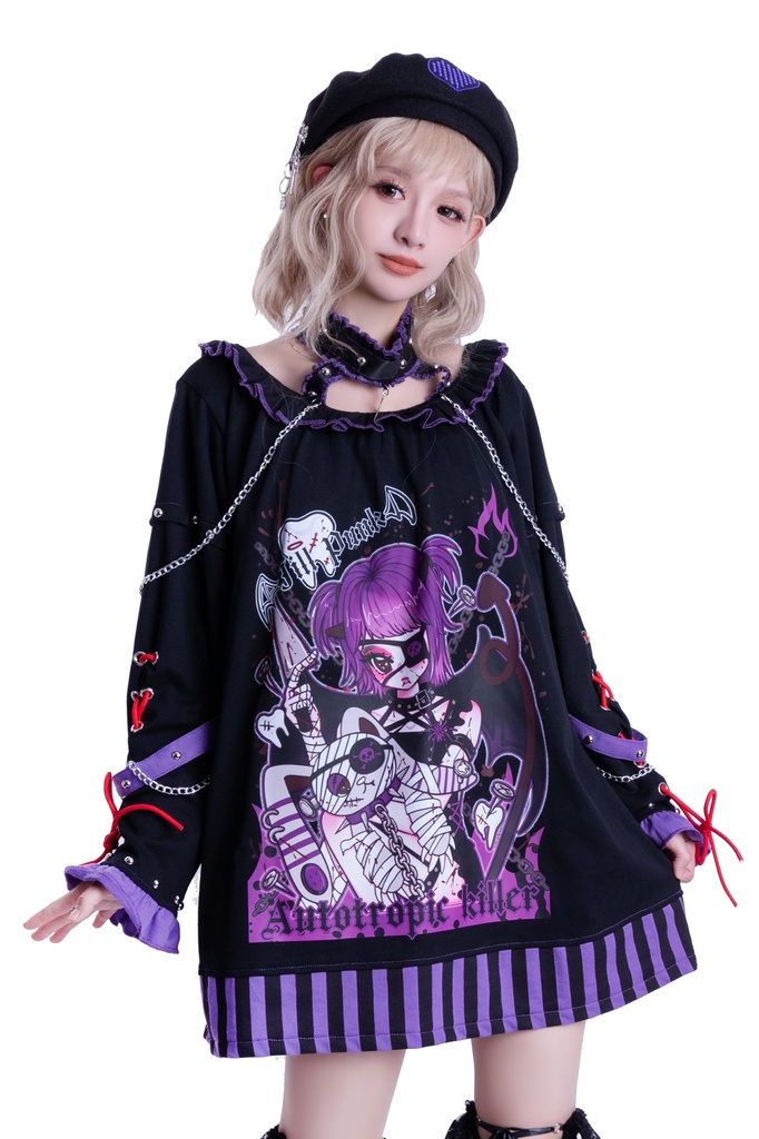 Jillpunk アニメニ次コン 有機少女 メンヘラ風 病みカワ ボートネック ゆったり チョーカー付き フリルカラー カットソー レースアップ袖 ロング丈Tシャツワンピース オリジナル ヤンデレ 可愛い おしゃれ男女兼用 ファッション 秋葉系 萌え