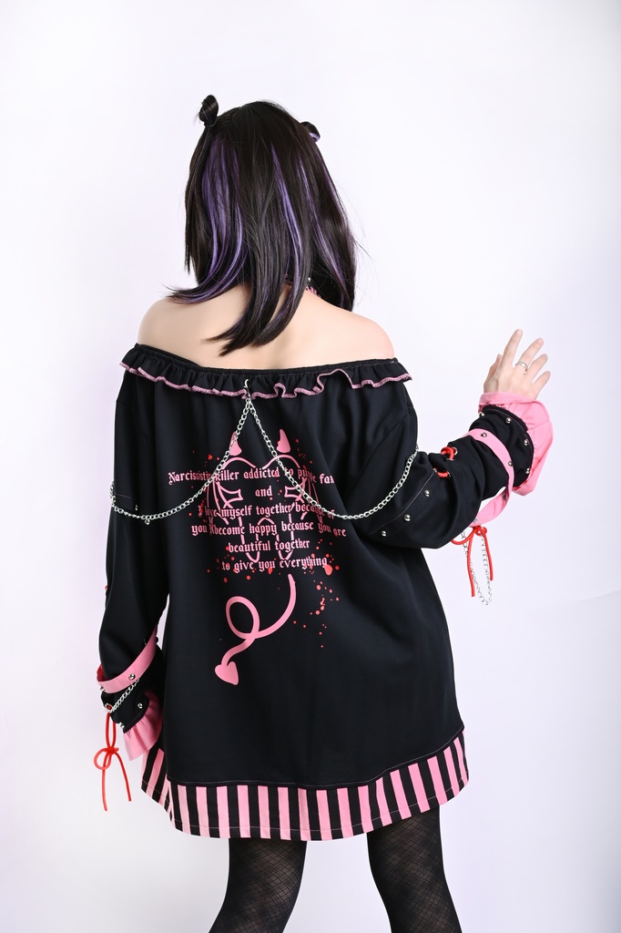 Jillpunk アニメニ次コン 有機少女 メンヘラ風 病みカワ ボートネック ゆったり チョーカー付き フリルカラー カットソー レースアップ袖 ロング丈Tシャツワンピース オリジナル ヤンデレ 可愛い おしゃれ男女兼用 ファッション 秋葉系 萌え