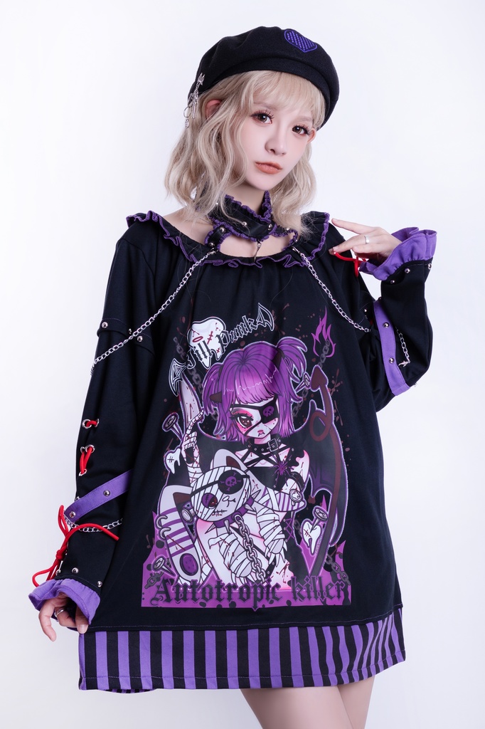 Jillpunk アニメニ次コン 有機少女 メンヘラ風 病みカワ ボートネック ゆったり チョーカー付き フリルカラー カットソー レースアップ袖 ロング丈Tシャツワンピース オリジナル ヤンデレ 可愛い おしゃれ男女兼用 ファッション 秋葉系 萌え